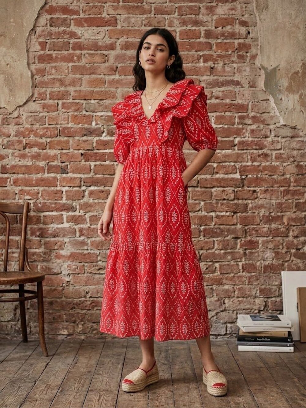 Zara Voluminous Red Cutwork Embroidered Ruffle Midi Dress Puff Sleeve XS